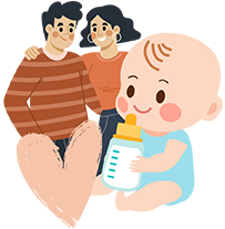 Schlafcoaching online - Comic Kind mit Milch und Eltern