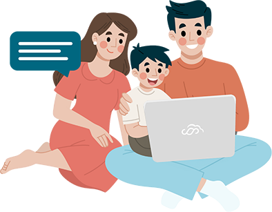 Schlafberatung online - Comic Familie vor Laptop